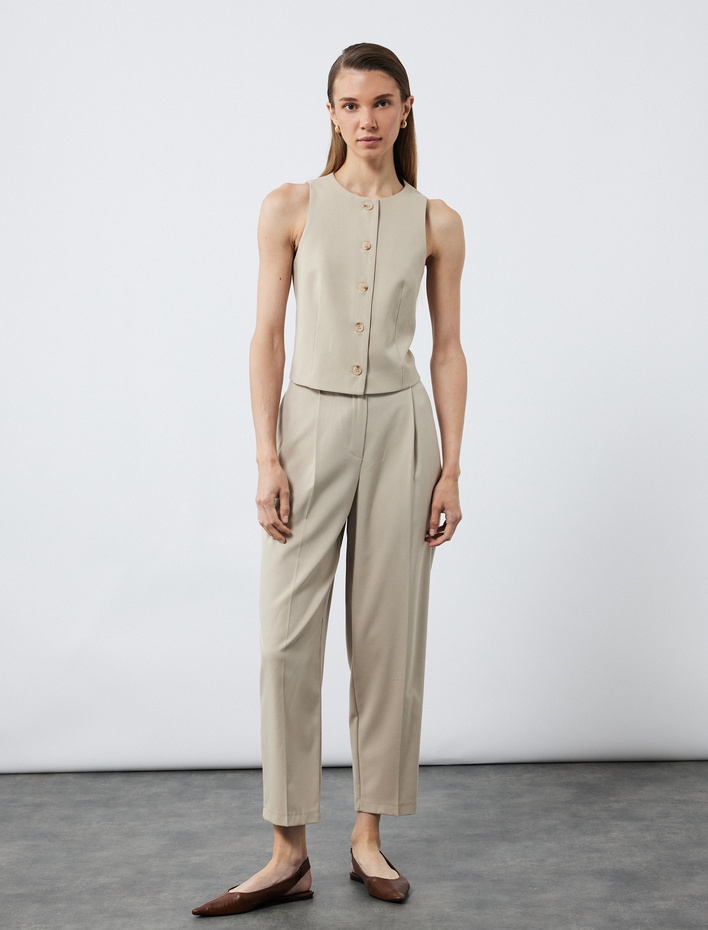  Cepli Pile Detaylı Kemerli Kumaş Cigarette Pantolon