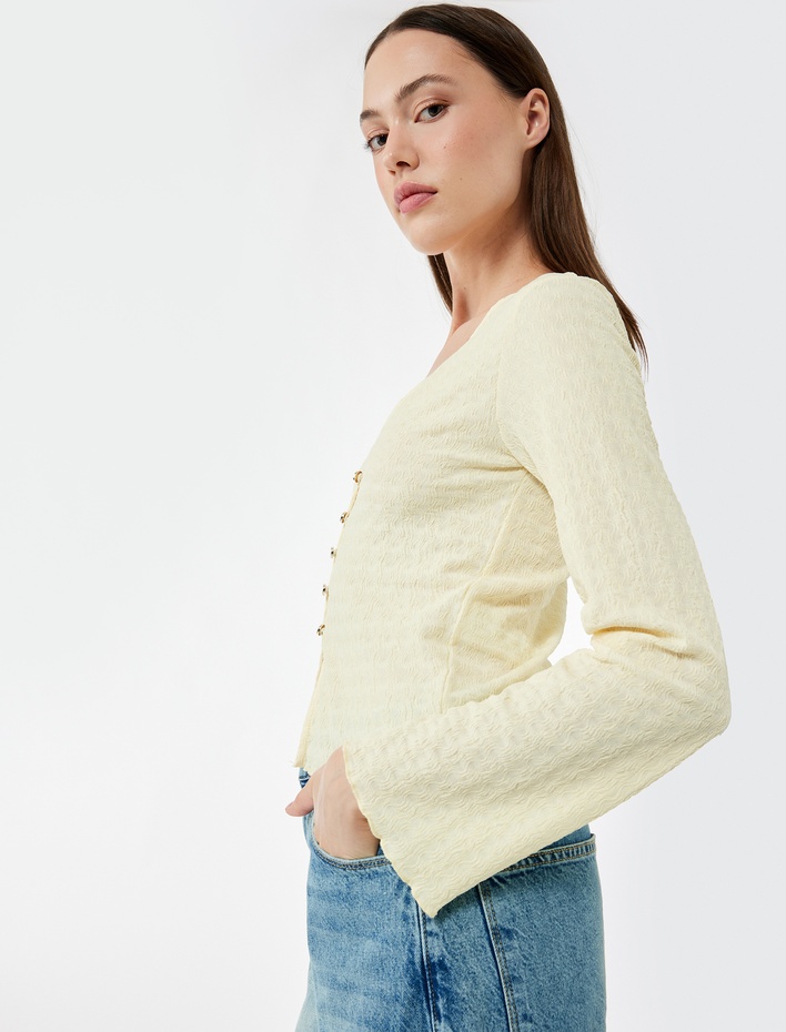  Düğmeli Uzun Kollu V Yaka Slim Fit Bluz