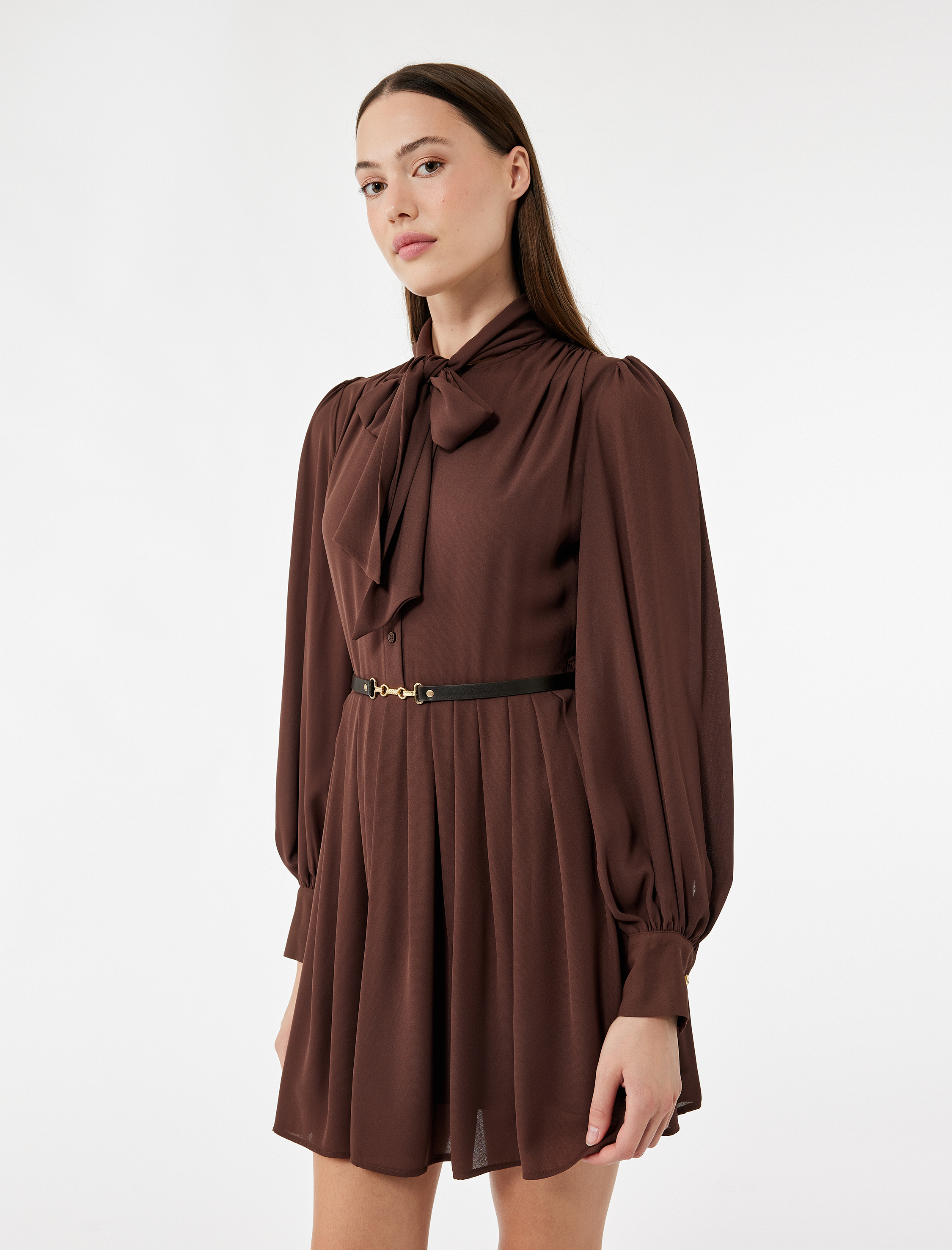   Regular Fit Uzun Kollu Kemerli Fular Yaka Mini Elbise