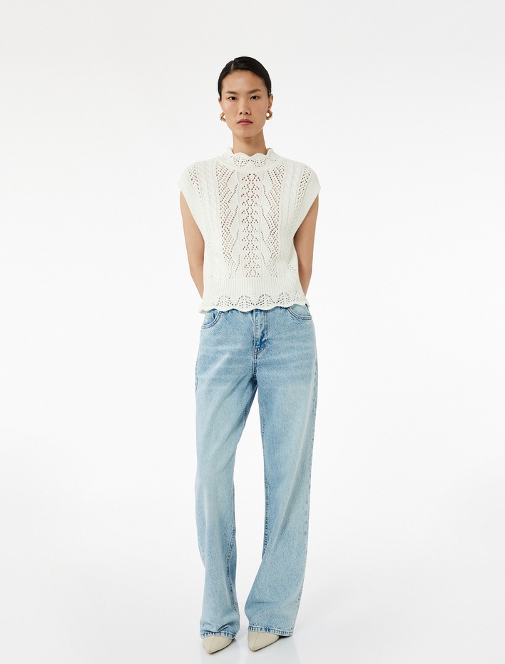  Dik Yaka Kolsuz Ajurlu Örgü Süveter