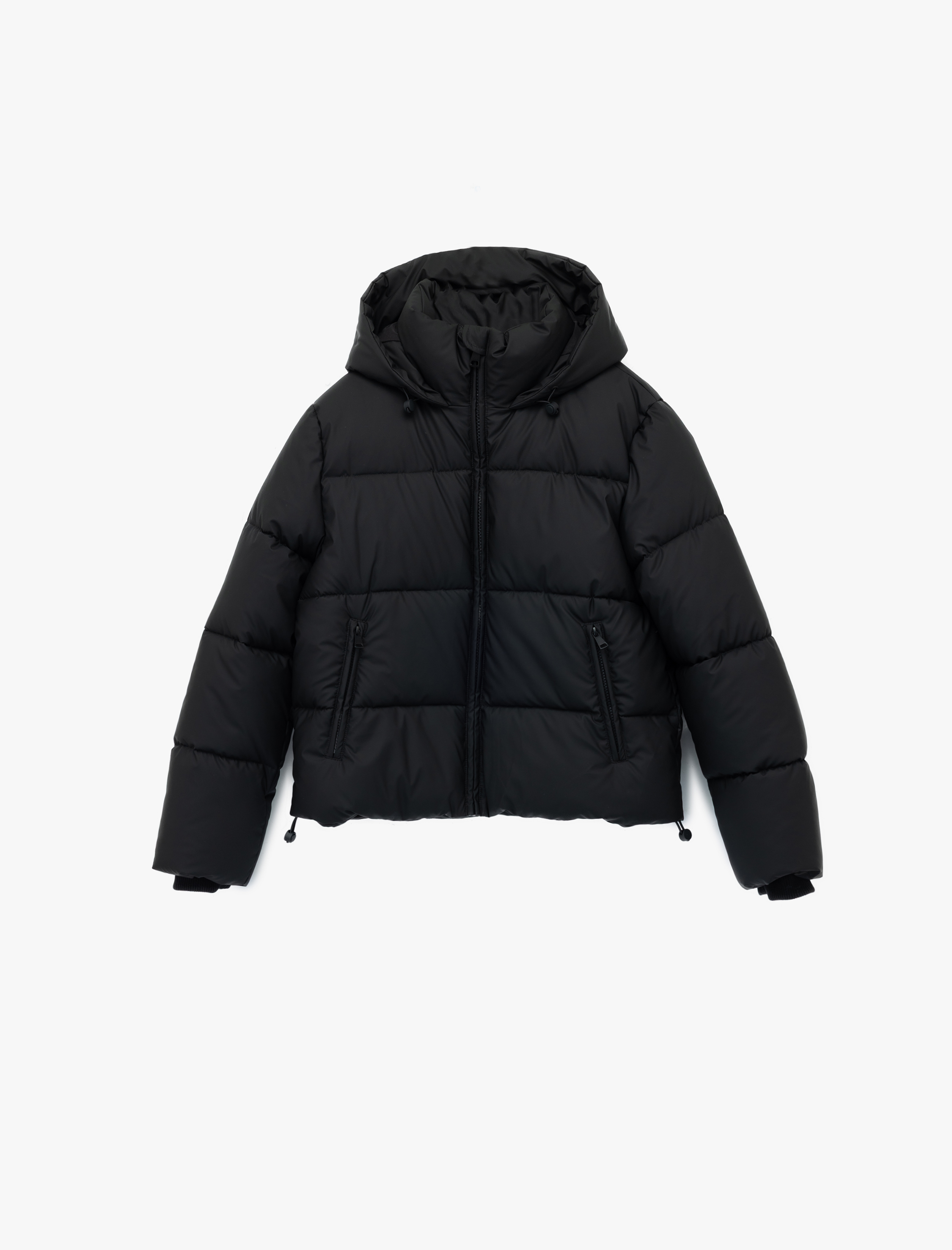 Polar Cep Detaylı Fermuarlı Uzun Kollu Kapüşonlu Crop Şişme Mont