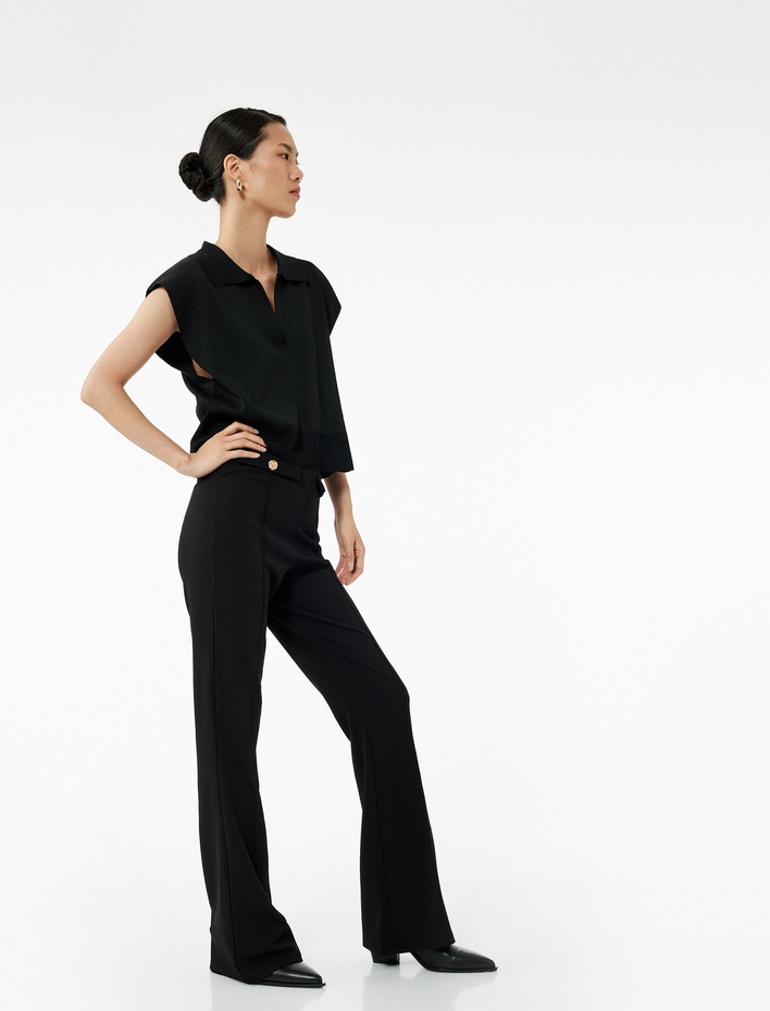  Dar Kesim Aplike Detaylı Düğmeli İspanyol Paça Kumaş Pantolon