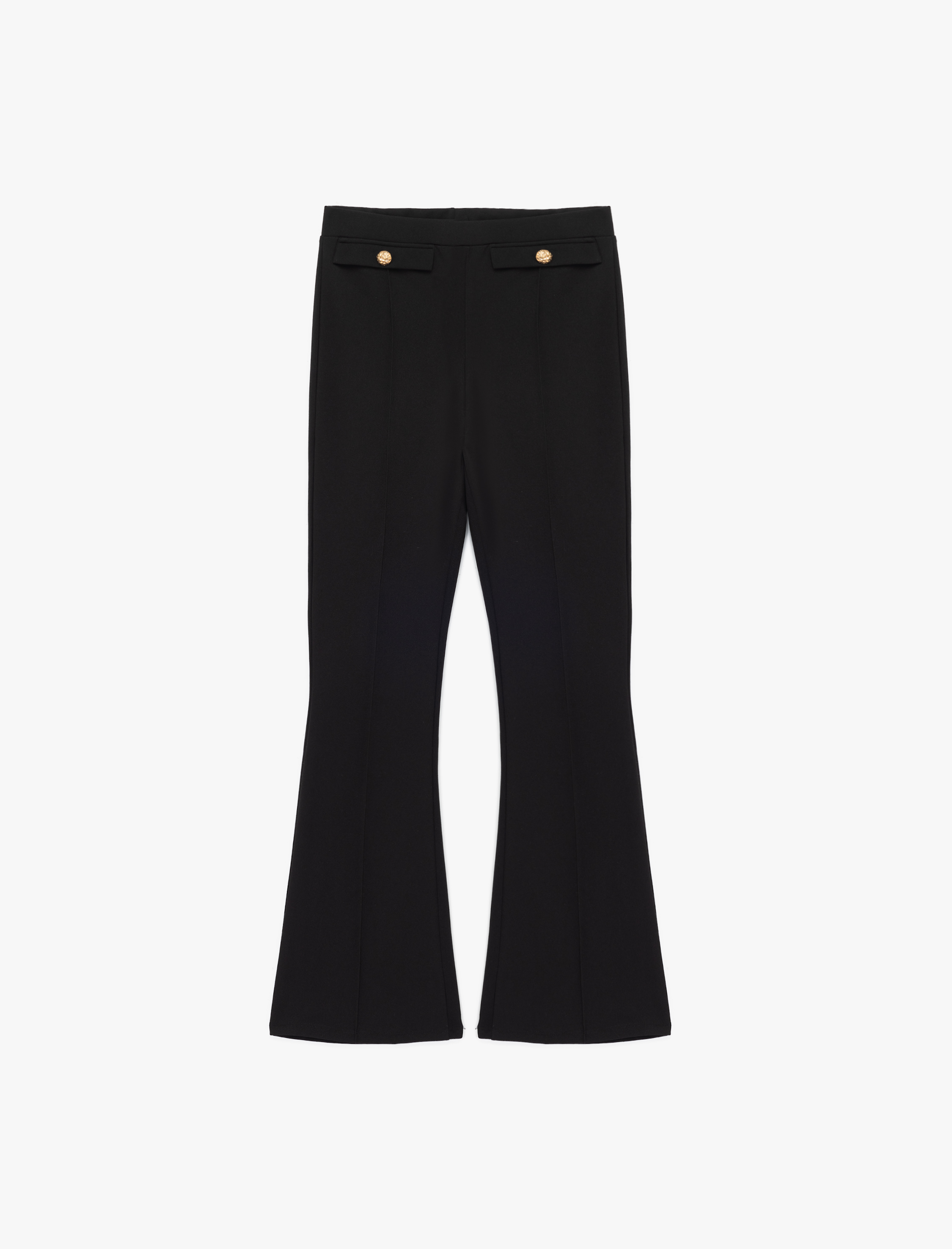   Dar Kesim Aplike Detaylı Düğmeli İspanyol Paça Kumaş Pantolon