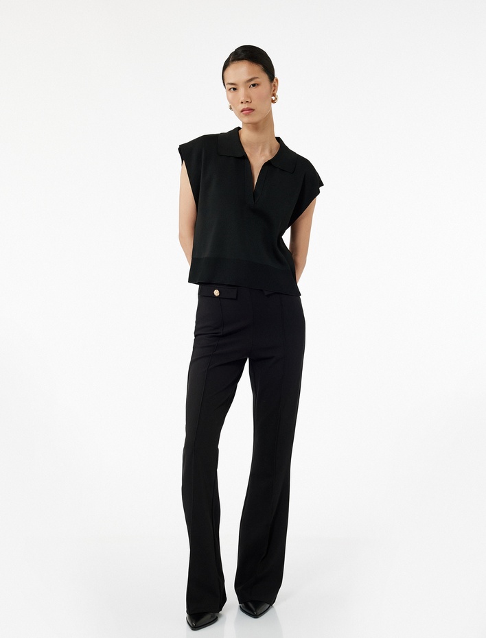  Dar Kesim Aplike Detaylı Düğmeli İspanyol Paça Kumaş Pantolon