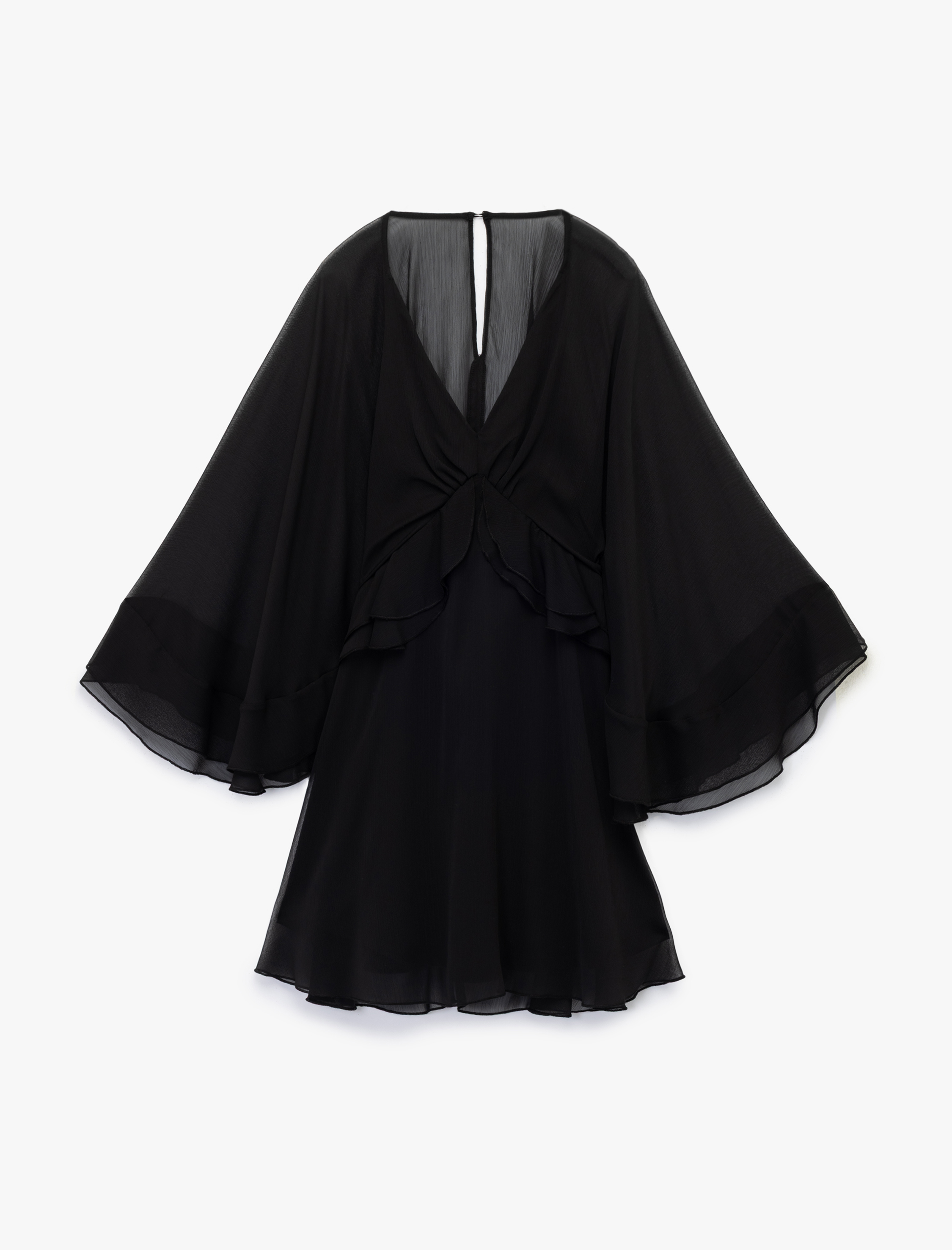   V Yaka Yarasa Kol Volanlı Mini Tül Elbise