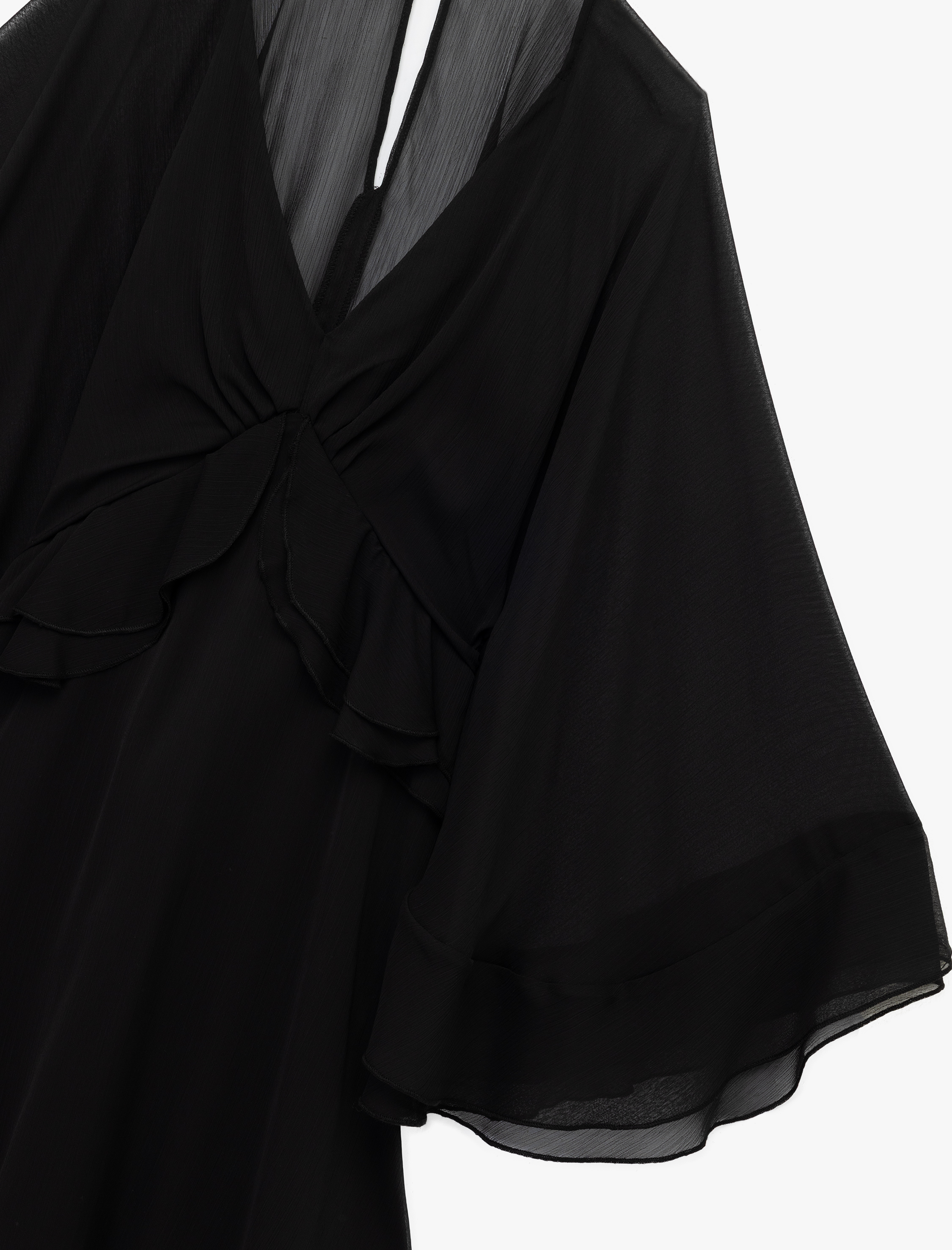   V Yaka Yarasa Kol Volanlı Mini Tül Elbise