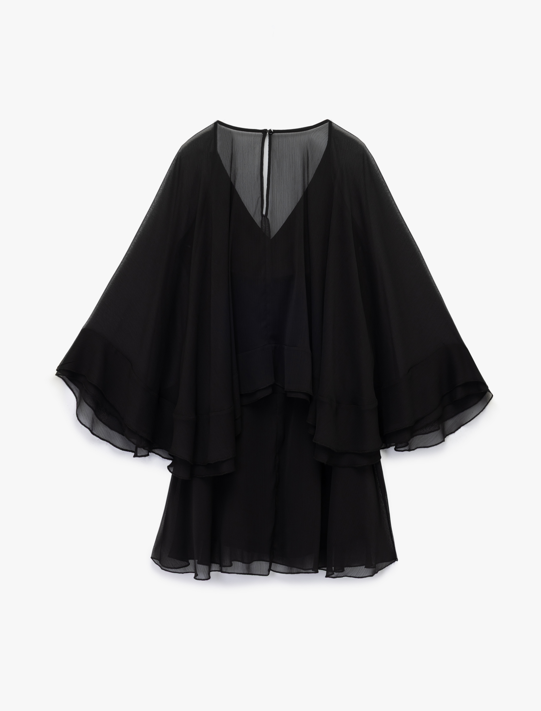   V Yaka Yarasa Kol Volanlı Mini Tül Elbise