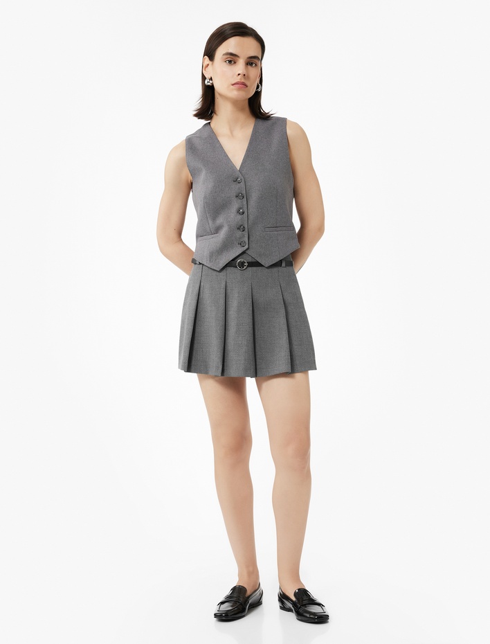  A Kesim Kemer Detaylı Pileli Mini Etek