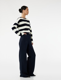 Yüksek Bel Düğmeli Cep Detaylı Geniş Paça Pantolon