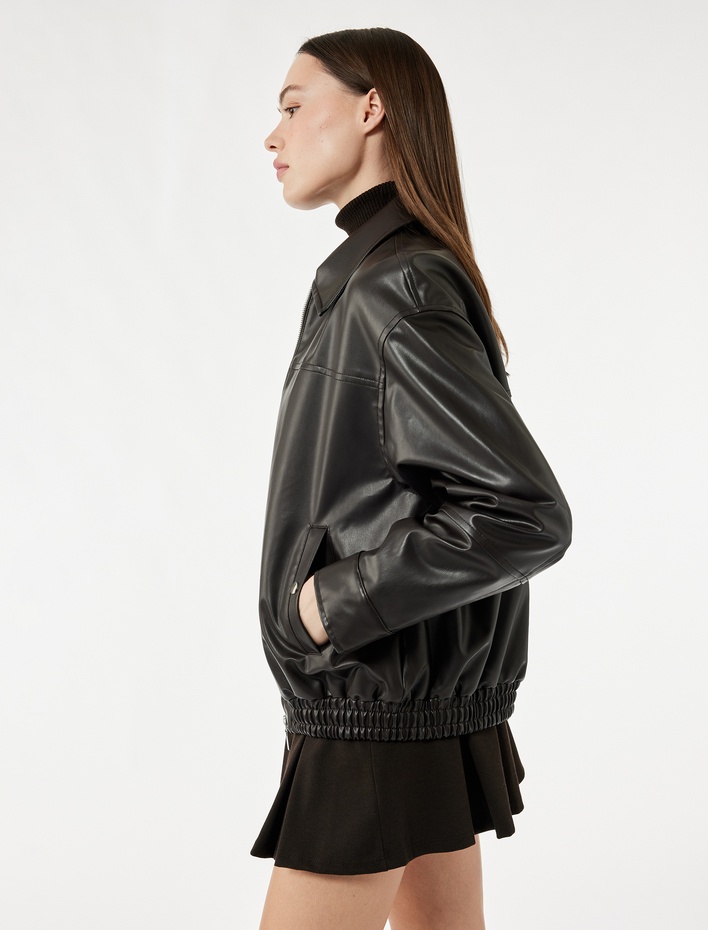  Fermuarlı Uzun Kollu Cep Detaylı Suni Deri Oversize Ceket