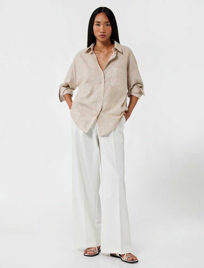  Pamuklu Tek Cep Detaylı Uzun Kollu Klasik Yaka Oversize Gömlek