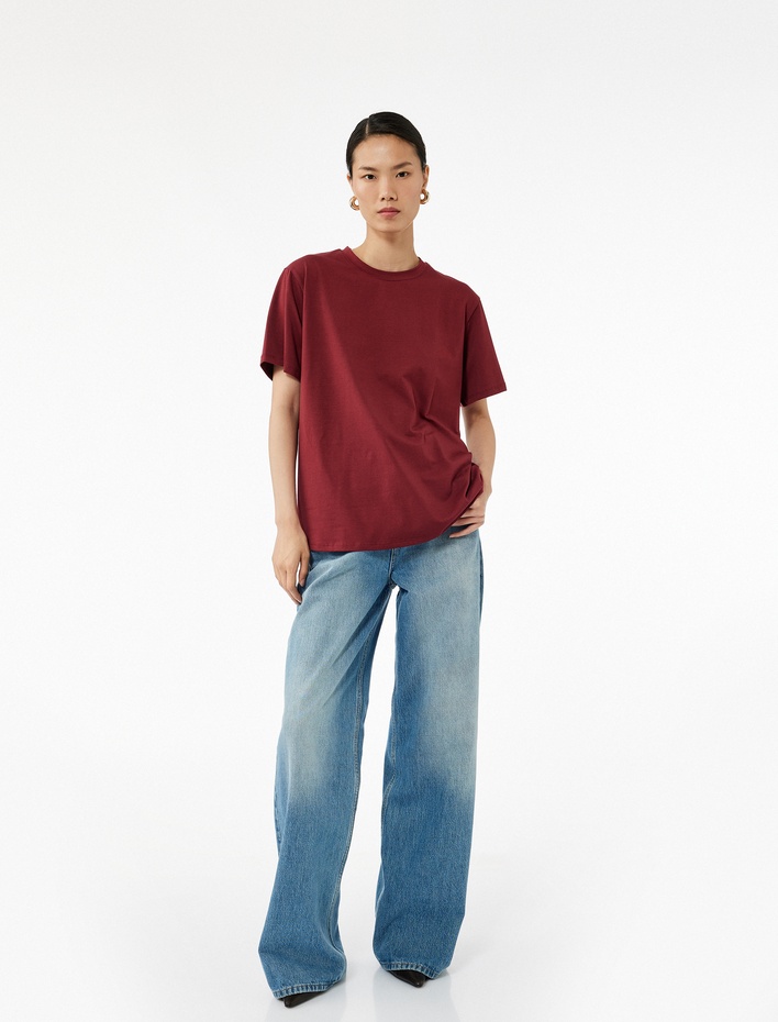  Kısa Kollu Bisiklet Yaka Pamuklu Basic Oversize Tişört