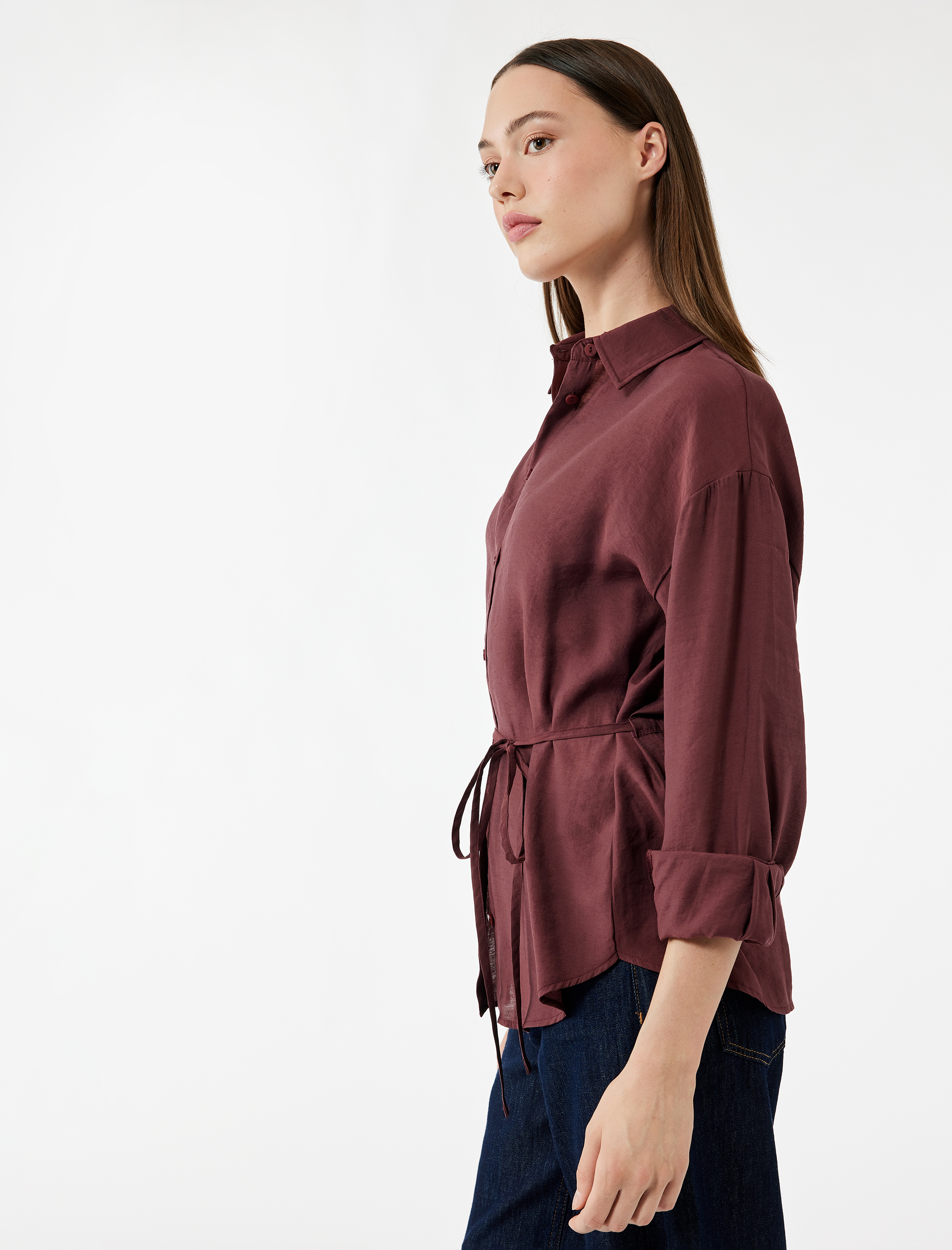   Modal Kumaş Uzun Kollu Beli Bağlama Detaylı Oversize Gömlek