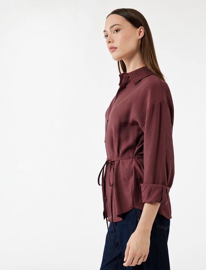  Modal Kumaş Uzun Kollu Beli Bağlama Detaylı Oversize Gömlek