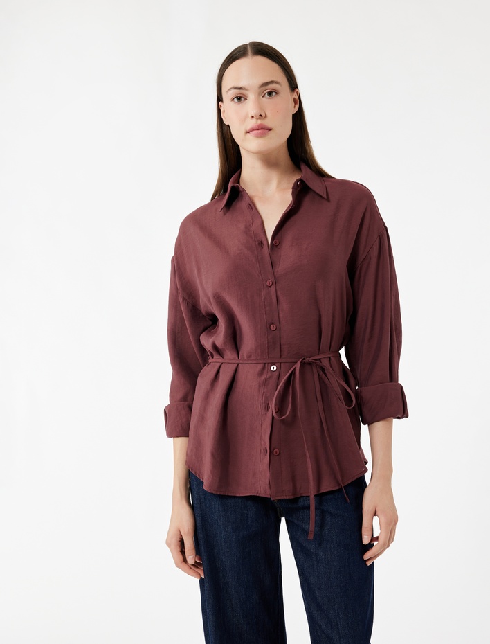  Modal Kumaş Uzun Kollu Beli Bağlama Detaylı Oversize Gömlek