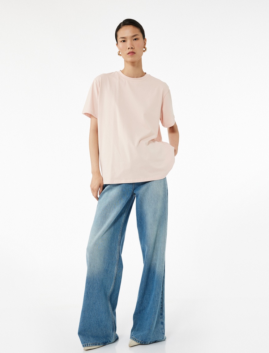 Pembe Kadın Kısa Kollu Bisiklet Yaka Pamuklu Basic Oversize Tişört