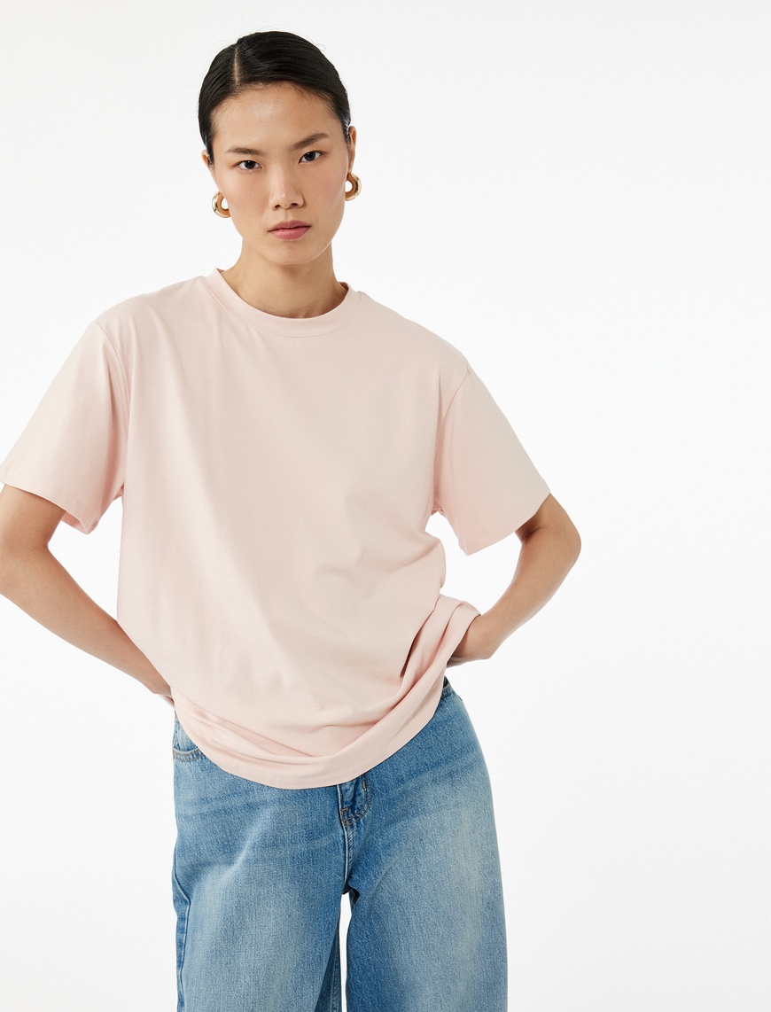 Pembe Kadın Kısa Kollu Bisiklet Yaka Pamuklu Basic Oversize Tişört