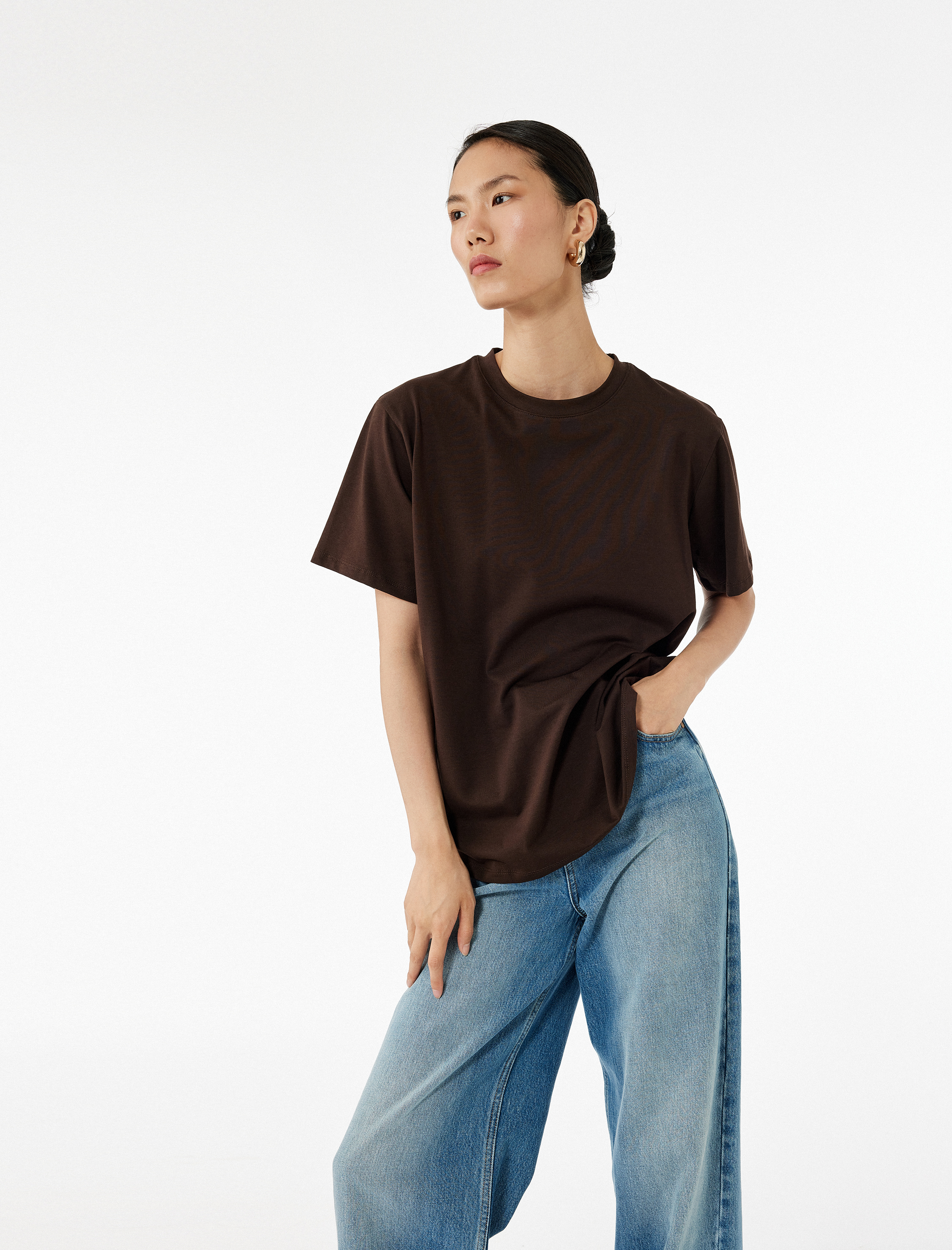   Kısa Kollu Bisiklet Yaka Pamuklu Basic Oversize Tişört