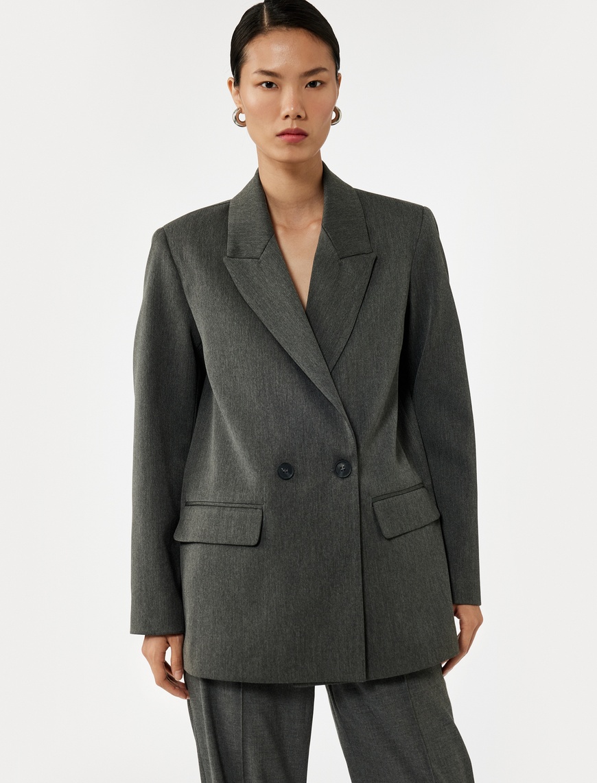   Uzun Kollu Viskon Karışımlı Kruvaze Yaka Oversize Blazer Ceket