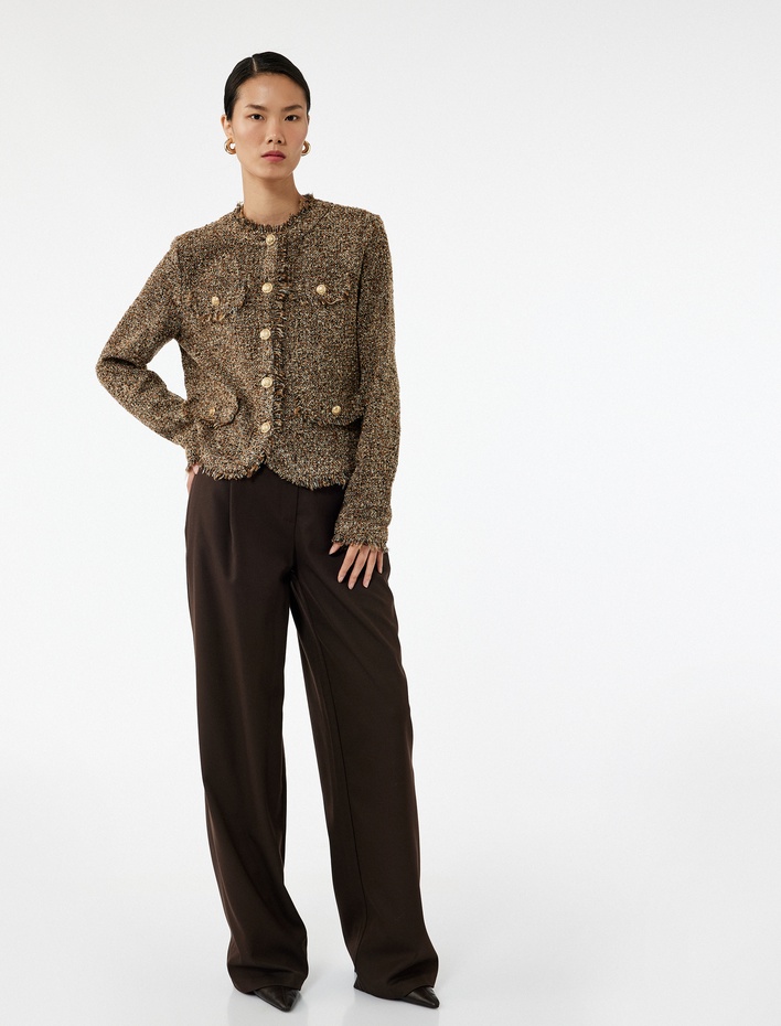  Uzun Kollu Bisiklet Yaka Düğmeli Cepli Tüvit Ceket