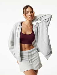 Fermuarlı Kapüşonlu Kanguru Cepli Uzun Kollu Şardonlu Oversize Spor Sweatshirt