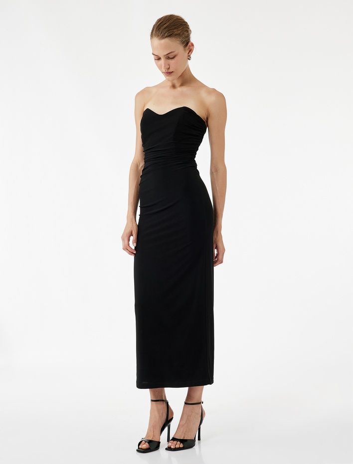  Straplez Yaka Kolsuz Drape Detaylı Uzun Abiye Elbise