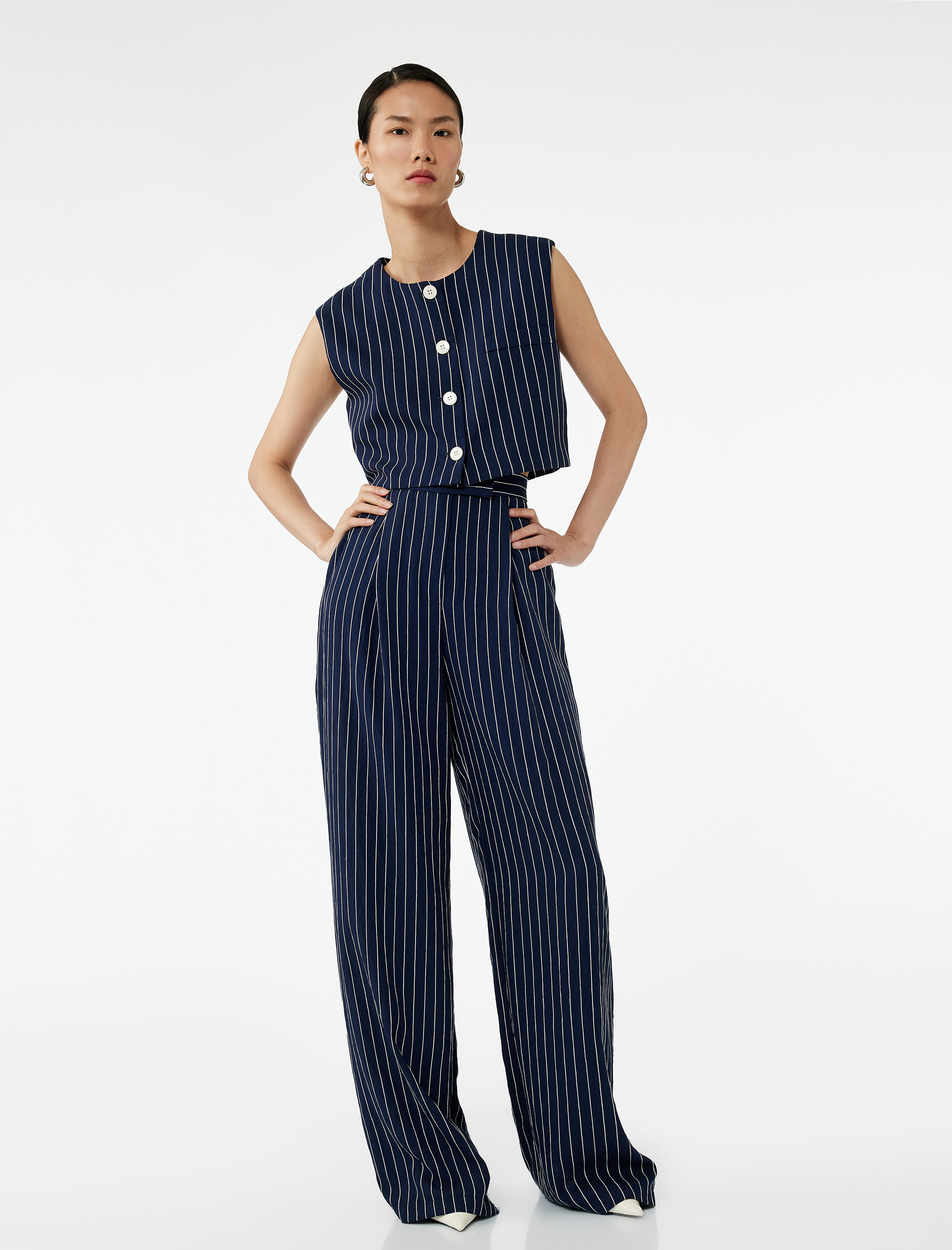   Kolsuz Bisiklet Yaka Düğmeli Viskon Çizgili Yelek