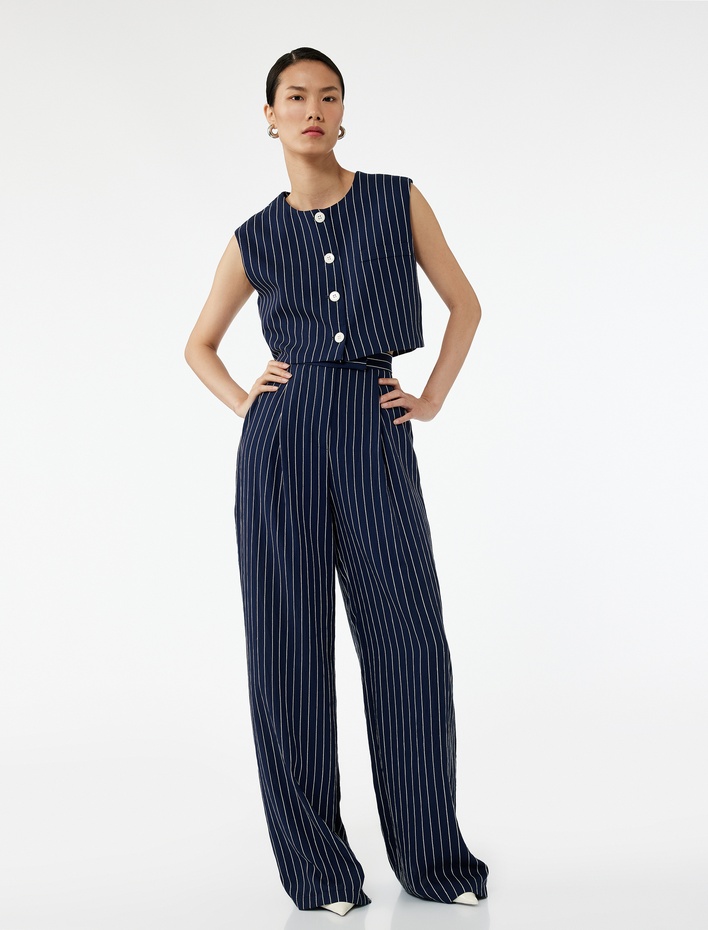  Kolsuz Bisiklet Yaka Düğmeli Viskon Çizgili Yelek