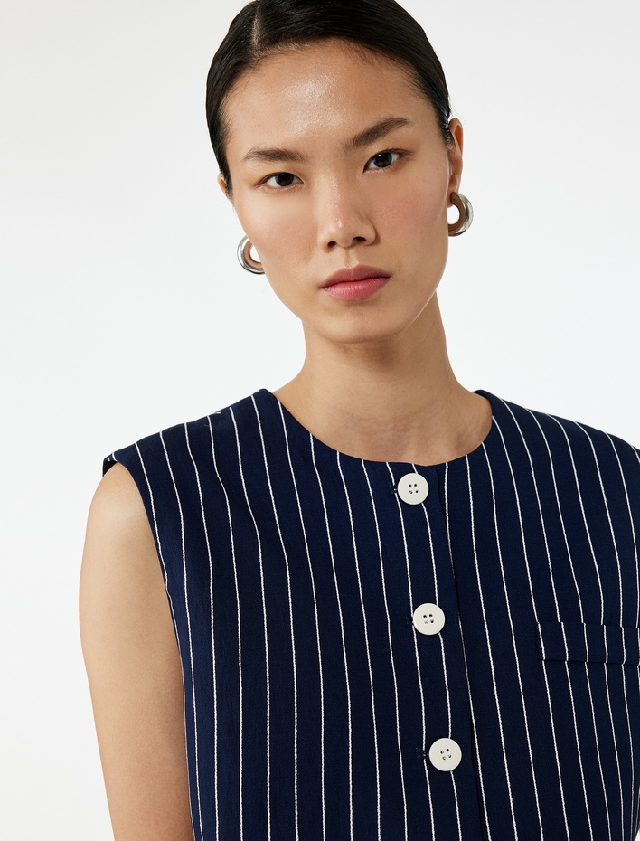  Kolsuz Bisiklet Yaka Düğmeli Viskon Çizgili Yelek