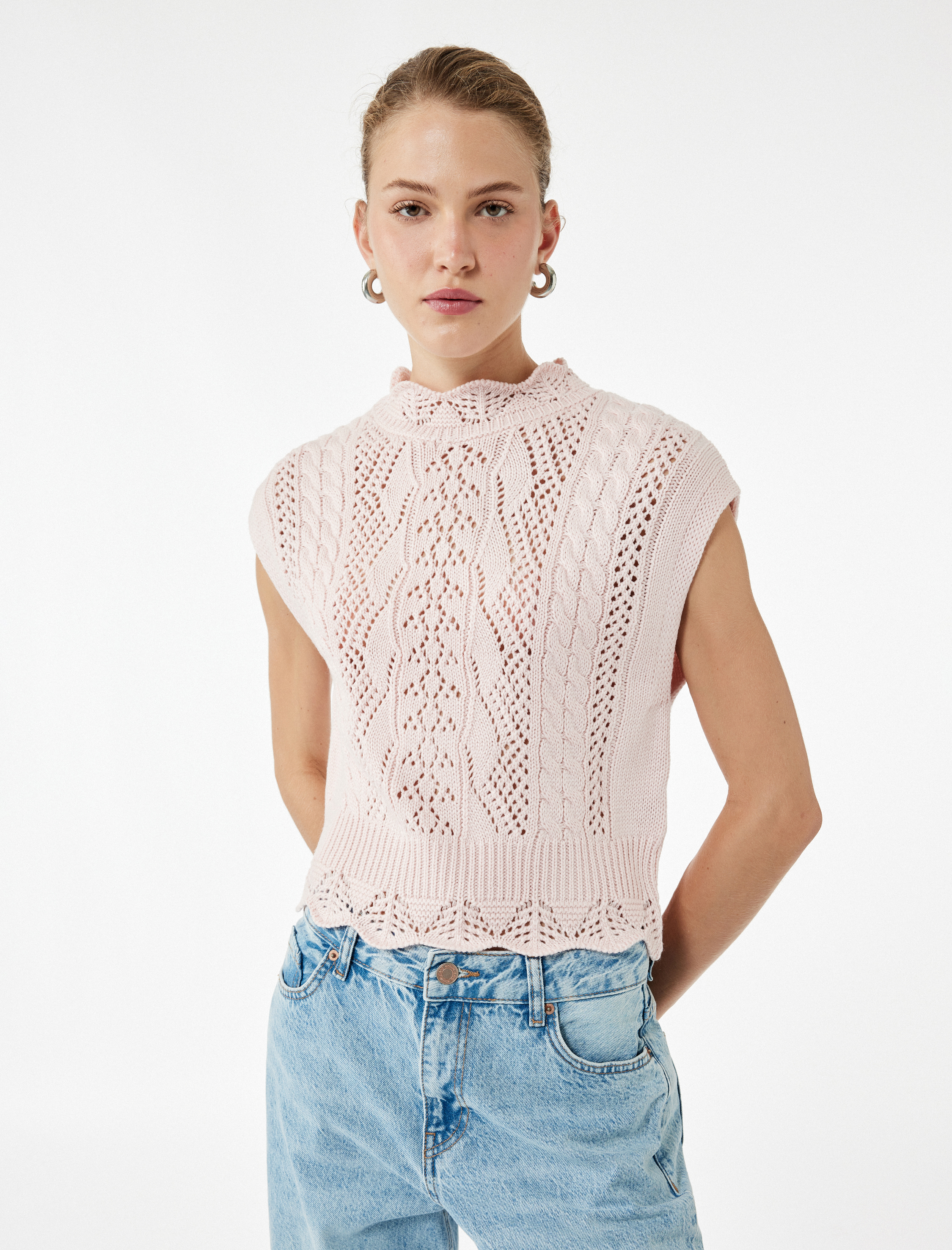   Dik Yaka Kolsuz Ajurlu Örgü Süveter