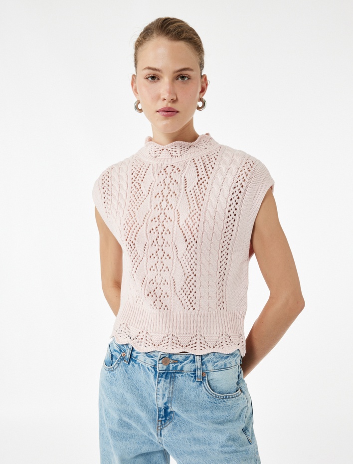  Dik Yaka Kolsuz Ajurlu Örgü Süveter