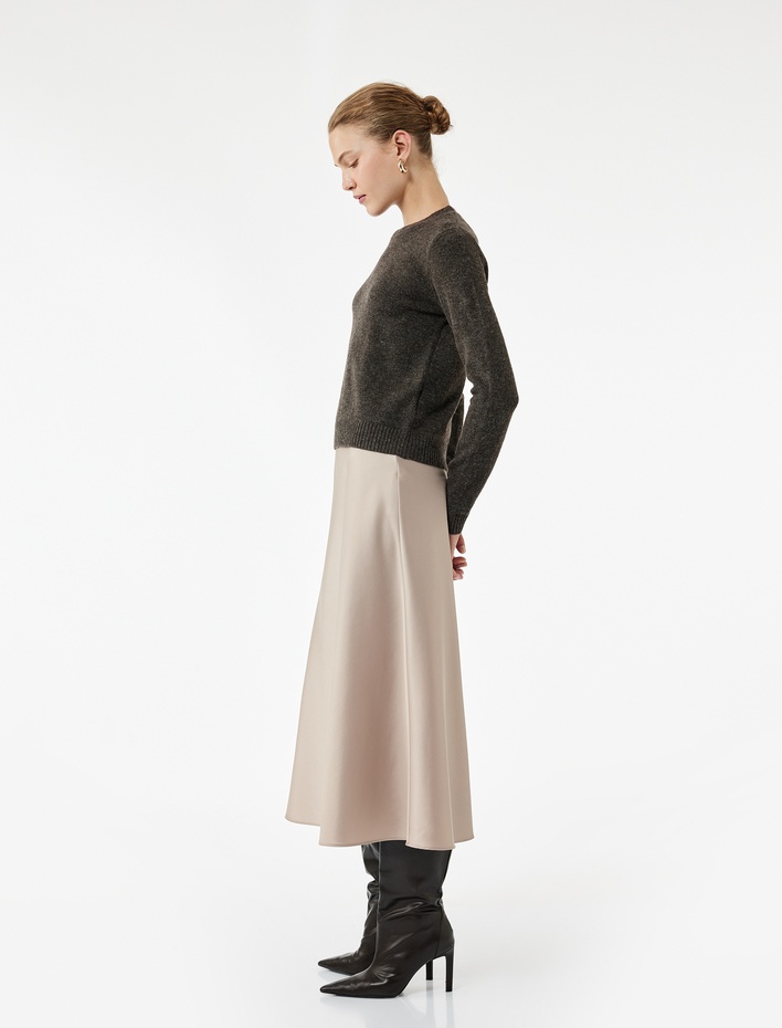  Beli Lastikli Balık Kesim Midi Saten Etek