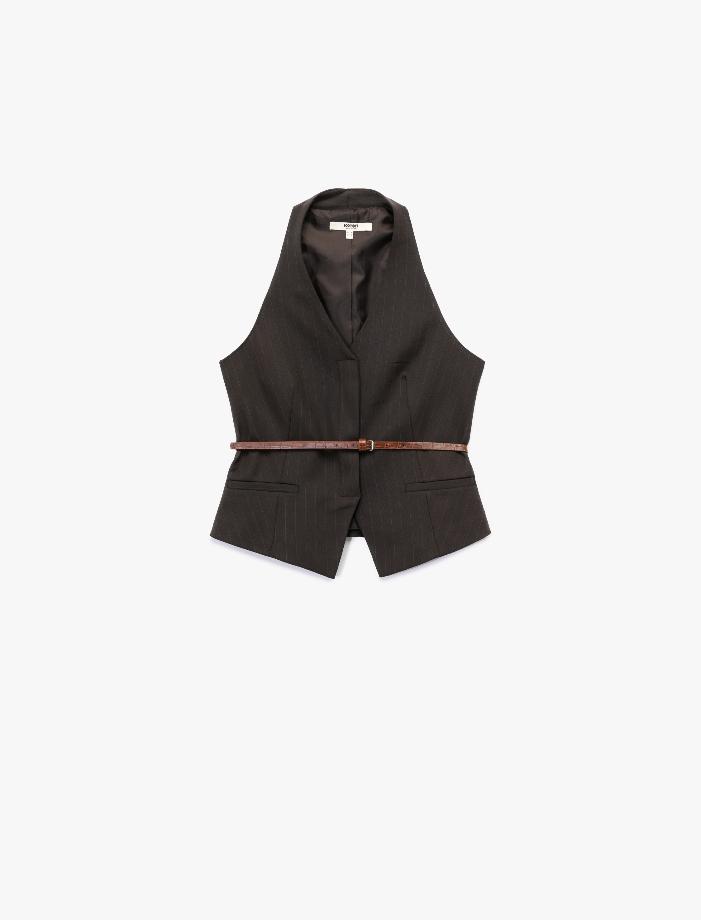   Kolsuz Düğmeli Kemerli Halter Yaka Yelek