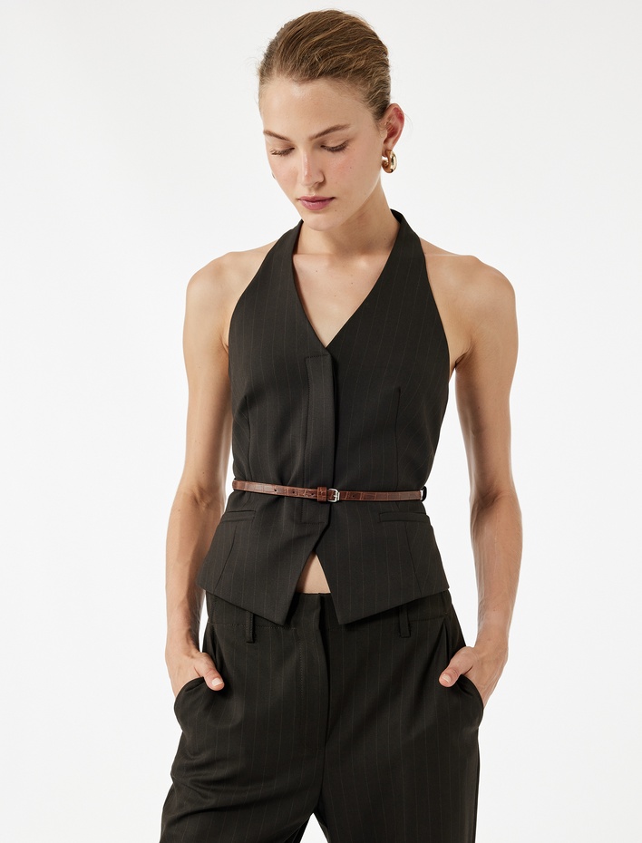  Kolsuz Düğmeli Kemerli Halter Yaka Yelek