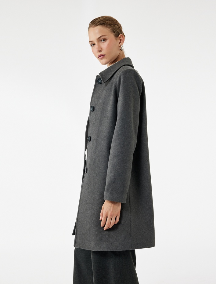  Düğmeli Uzun Kollu Klasik Yaka Cep Detaylı Kaşe Kaban