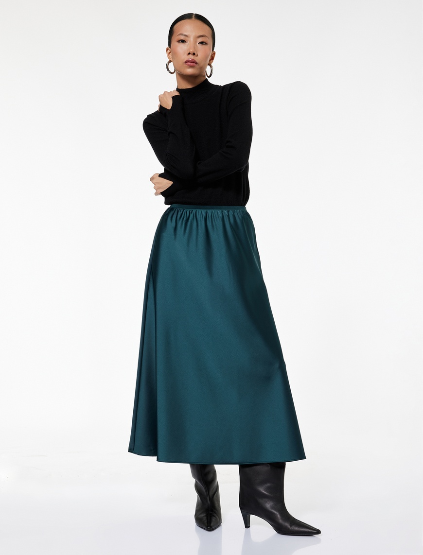   Standart Bel Regular Fit Saten Midi Etek