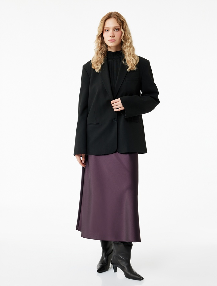  Standart Bel Regular Fit Saten Midi Etek