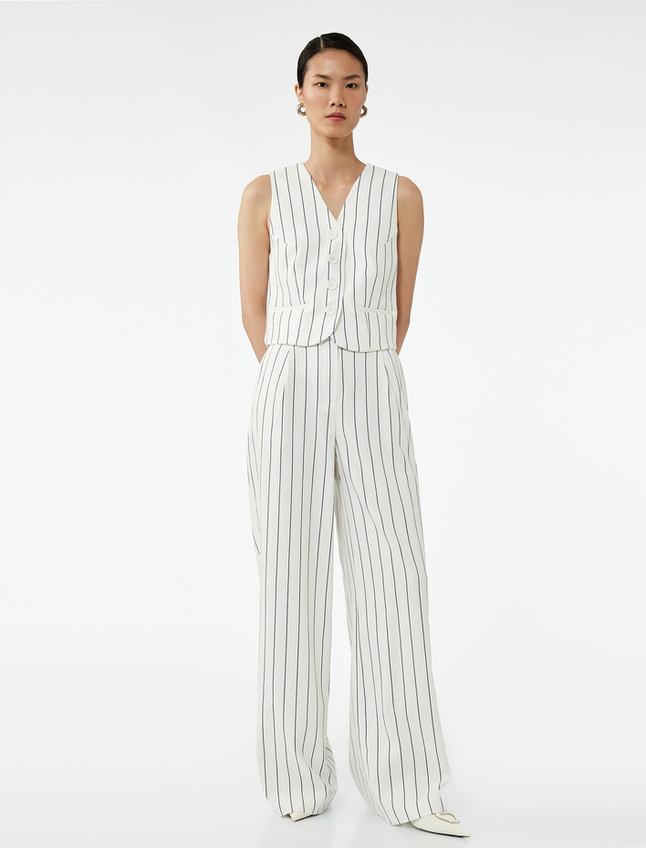  Pileli Çizgili Viskon Karışımlı Geniş Paça Pantolon