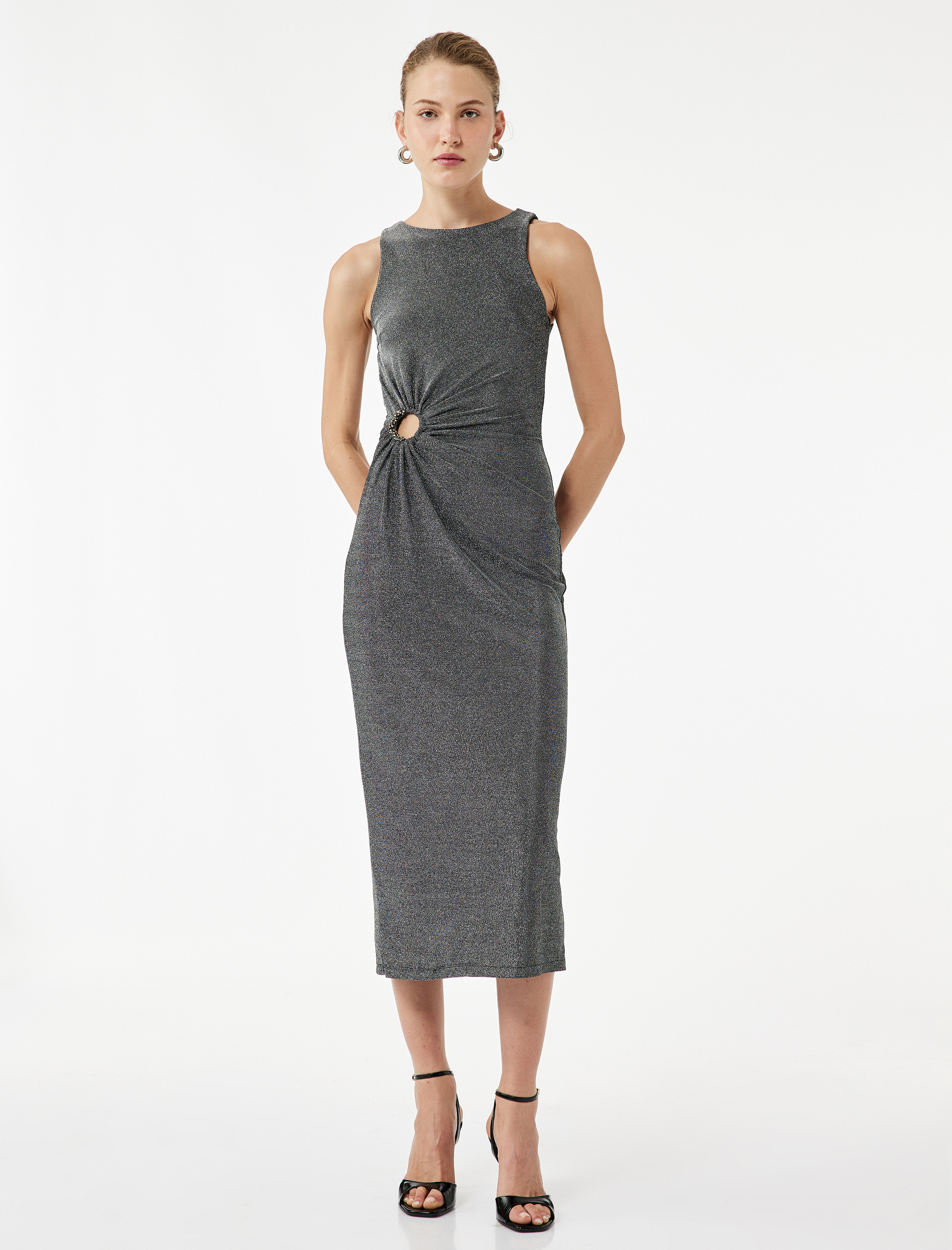   Kolsuz Bisiklet Yaka Taş Detaylı Slim Fit Elbise