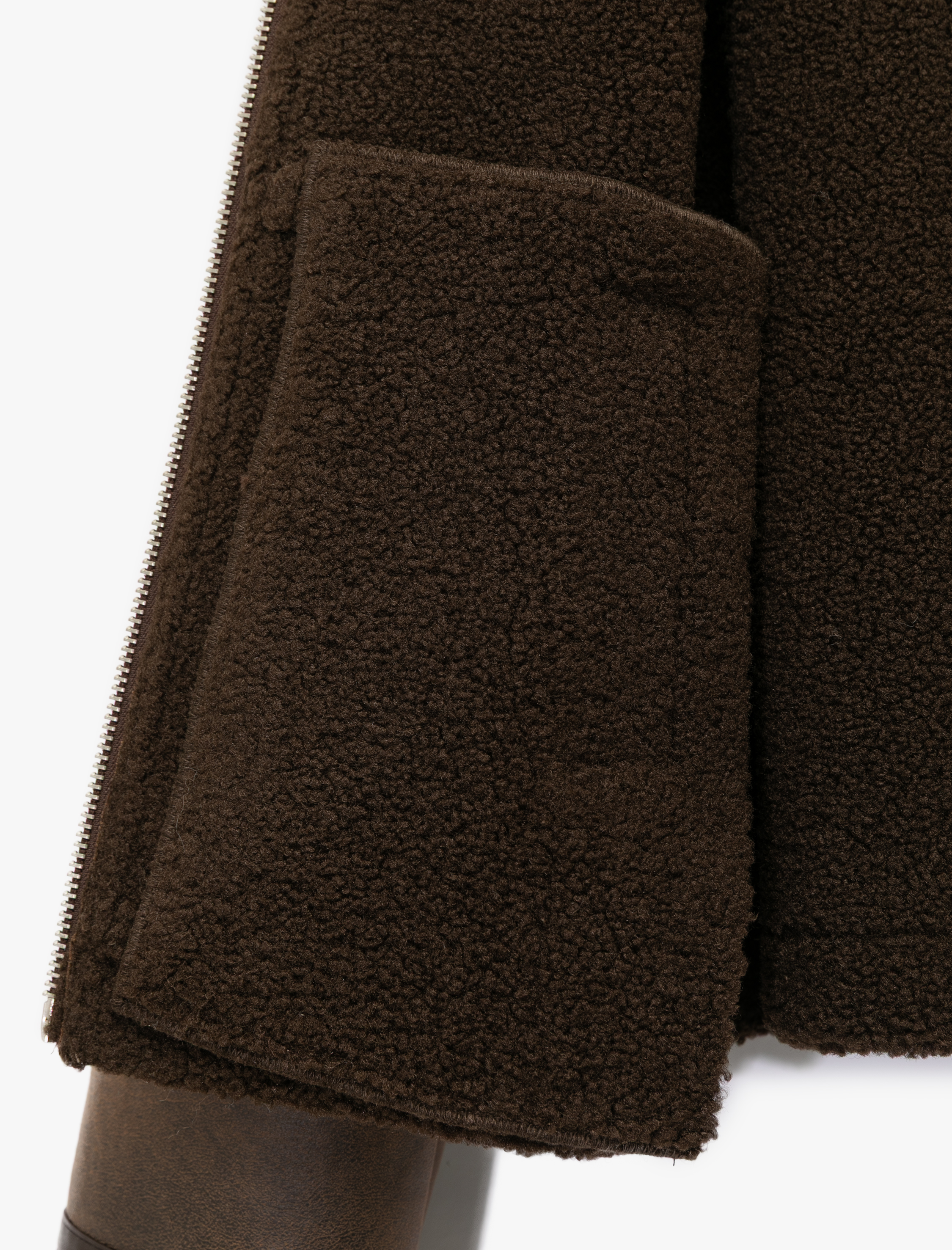   Uzun Kollu Suni Kürk Yaka Fermuarlı Deri Görünümlü Biker Mont