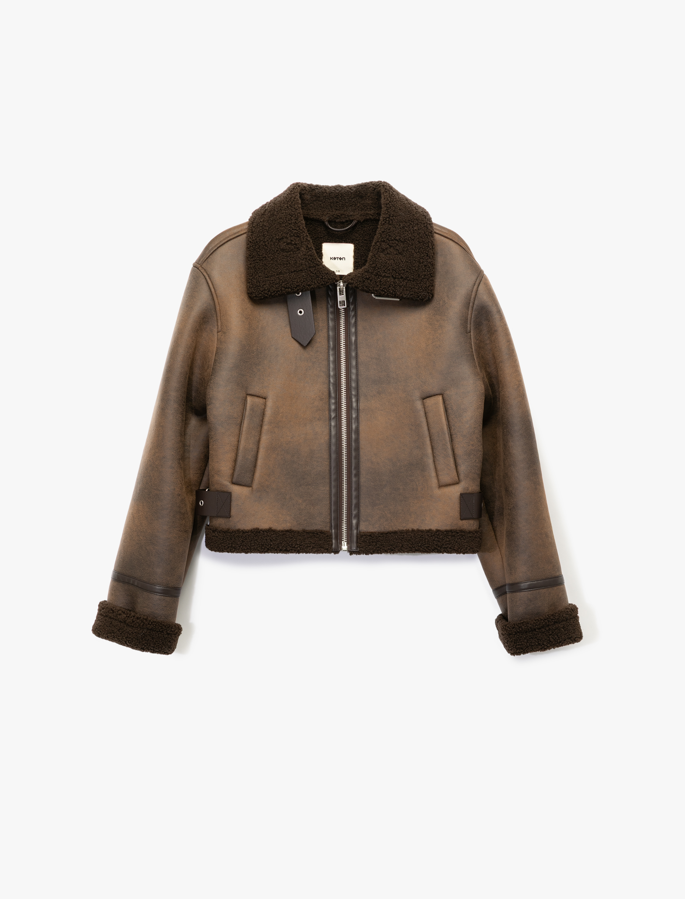   Uzun Kollu Suni Kürk Yaka Fermuarlı Deri Görünümlü Biker Mont