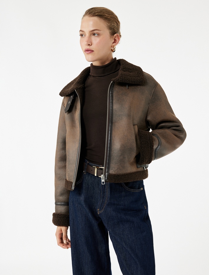  Uzun Kollu Suni Kürk Yaka Fermuarlı Deri Görünümlü Biker Mont