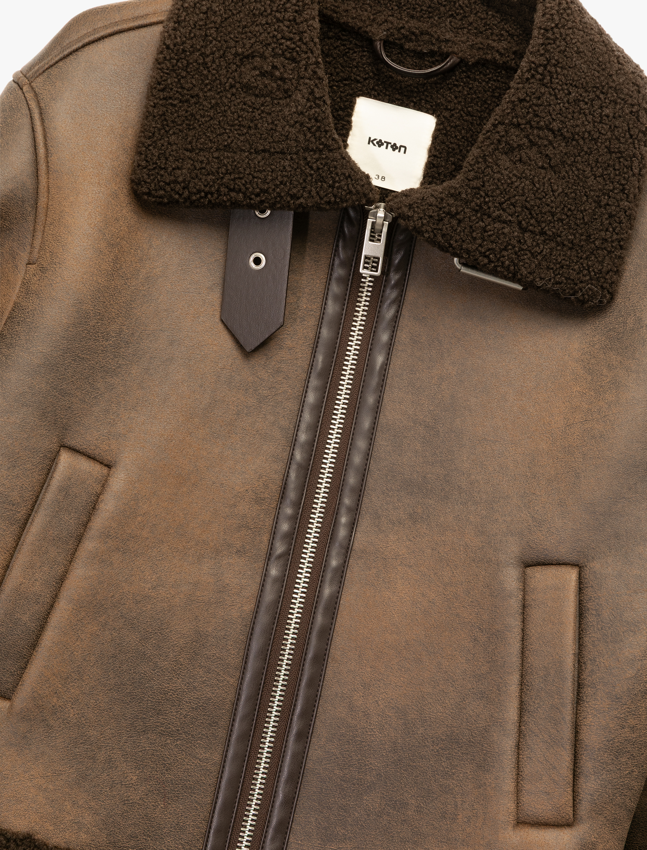   Uzun Kollu Suni Kürk Yaka Fermuarlı Deri Görünümlü Biker Mont