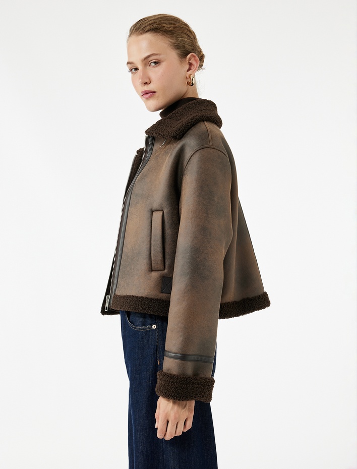  Uzun Kollu Suni Kürk Yaka Fermuarlı Deri Görünümlü Biker Mont