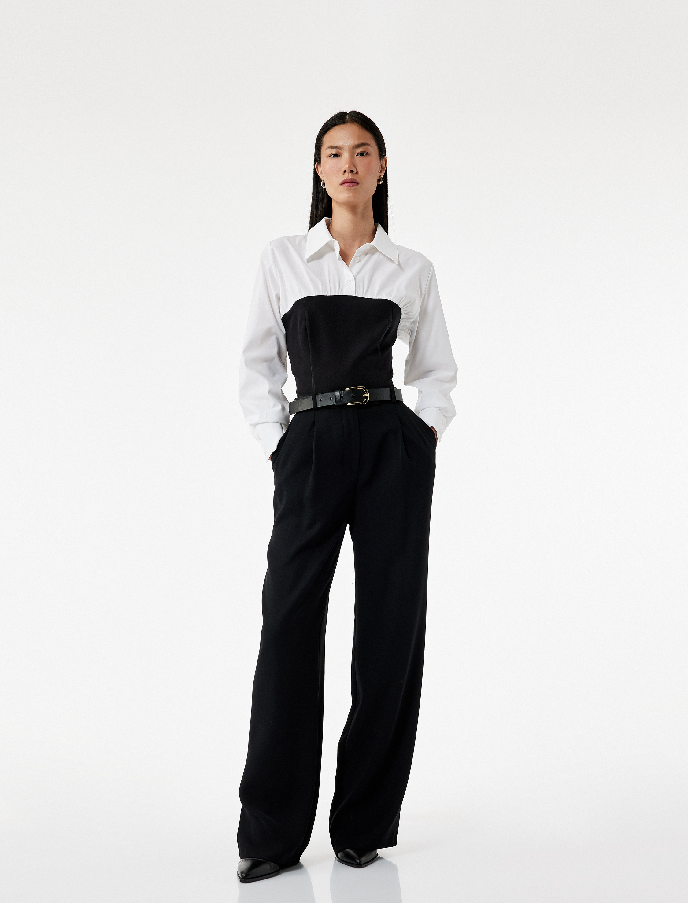   Slim Fit Uzun Kollu İki Farklı Kumaş Kullanımlı Korse Detaylı Gömlek