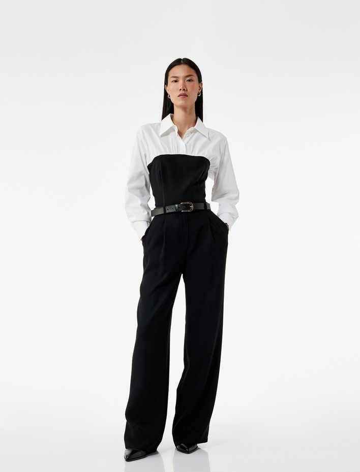  Slim Fit Uzun Kollu İki Farklı Kumaş Kullanımlı Korse Detaylı Gömlek