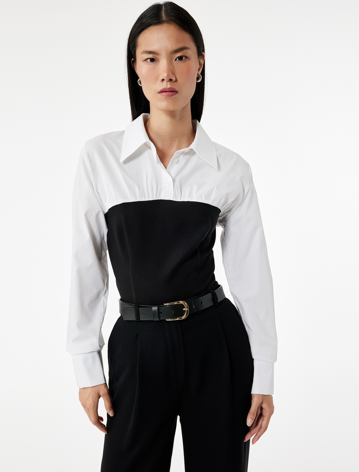 Slim Fit Uzun Kollu İki Farklı Kumaş Kullanımlı Korse Detaylı Gömlek