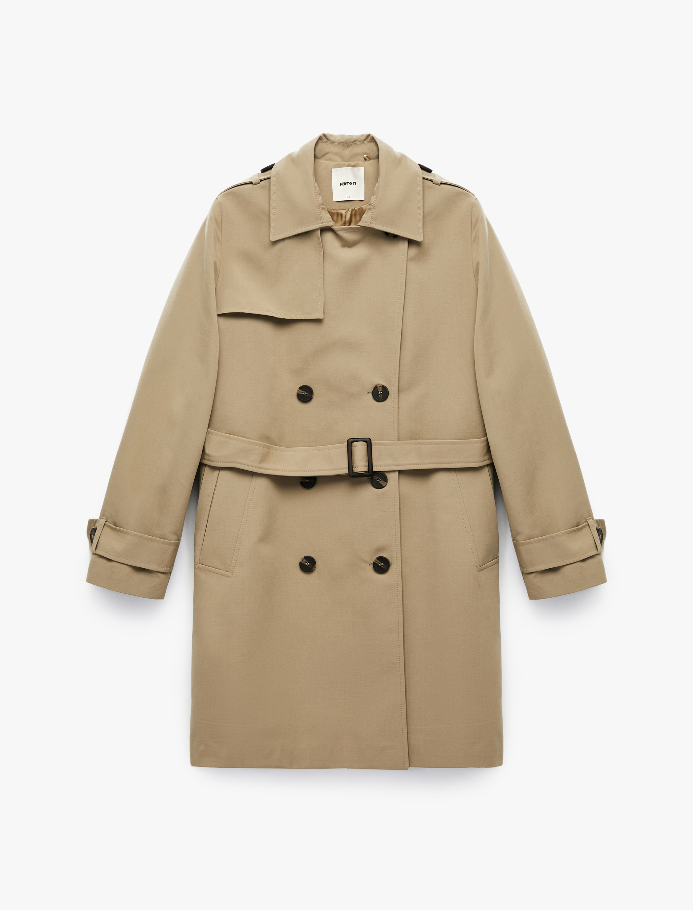   Astarlı Cepli Kruvaze Uzun Kollu Kemerli Uzun Gabardin Kumaş Trençkot