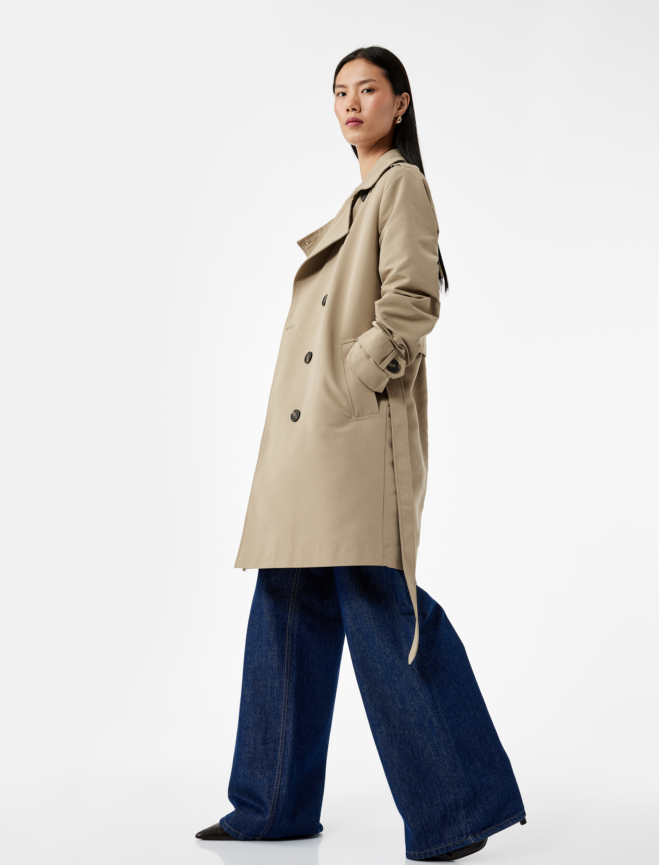   Astarlı Cepli Kruvaze Uzun Kollu Kemerli Uzun Gabardin Kumaş Trençkot