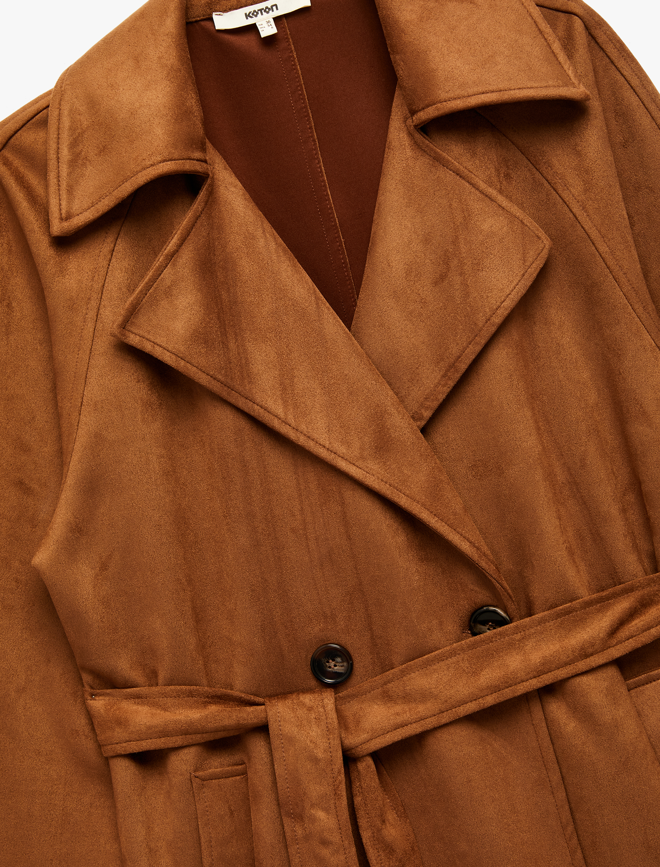   Cepli Kruvaze Yaka Kemerli Uzun Suni Süet Trençkot